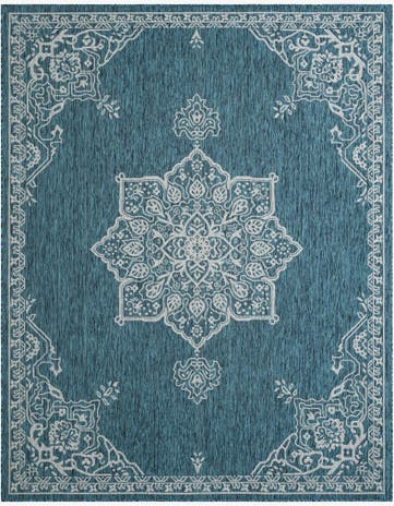 Teal Easy-Clean Traditional Indoor / Outdoor Rug