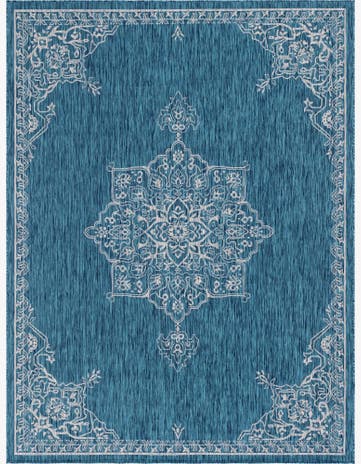 Teal Easy-Clean Traditional Indoor / Outdoor Rug