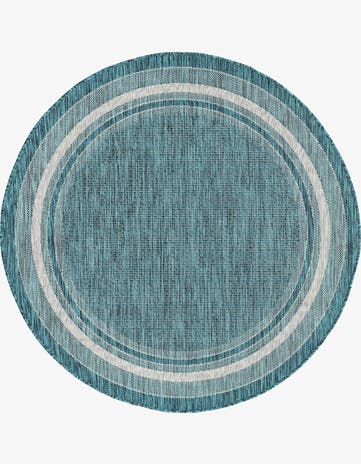 Teal Easy-Clean Border Indoor / Outdoor Round Rug