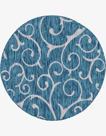 Teal Easy-Clean Botanical Indoor / Outdoor Round Rug