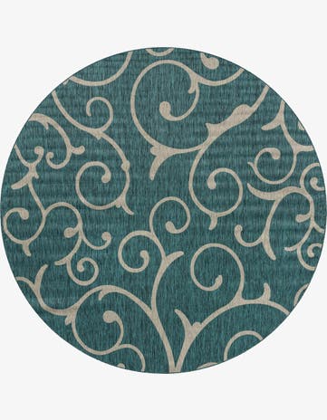 Teal Easy-Clean Botanical Indoor / Outdoor Round Rug