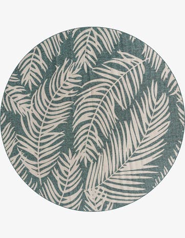 Teal Easy-Clean Botanical Indoor / Outdoor Round Rug