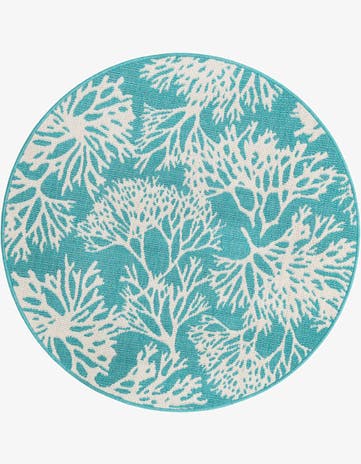 Teal Easy-Clean Coastal Indoor / Outdoor Round Rug