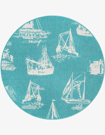 Teal Easy-Clean Coastal Indoor / Outdoor Round Rug