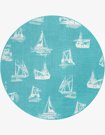 Teal Easy-Clean Coastal Indoor / Outdoor Round Rug