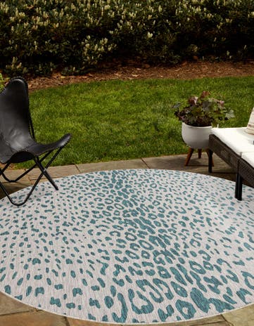 Teal Easy-Clean Safari Indoor / Outdoor Round Rug