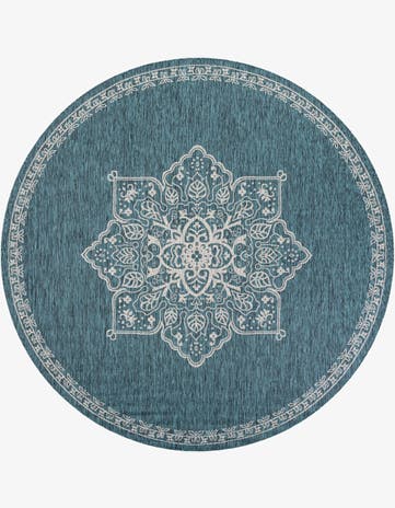 Teal Easy-Clean Traditional Indoor / Outdoor Round Rug