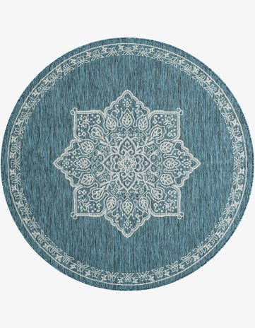 Teal Easy-Clean Traditional Indoor / Outdoor Round Rug