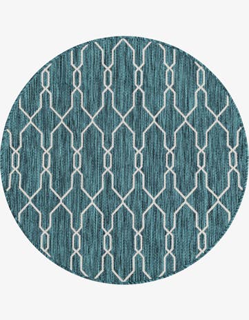 Teal Easy-Clean Trellis Indoor / Outdoor Round Rug