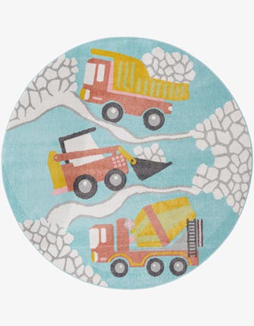 Teal Construction Whimsy Kids Round Rug