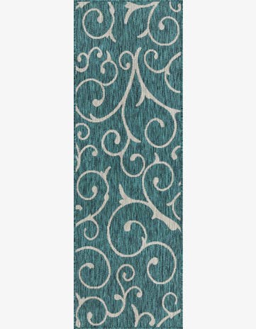 Teal Easy-Clean Botanical Indoor / Outdoor Runner Rug