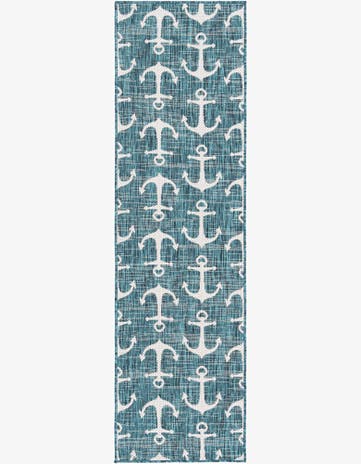 Teal Easy-Clean Coastal Indoor / Outdoor Runner Rug