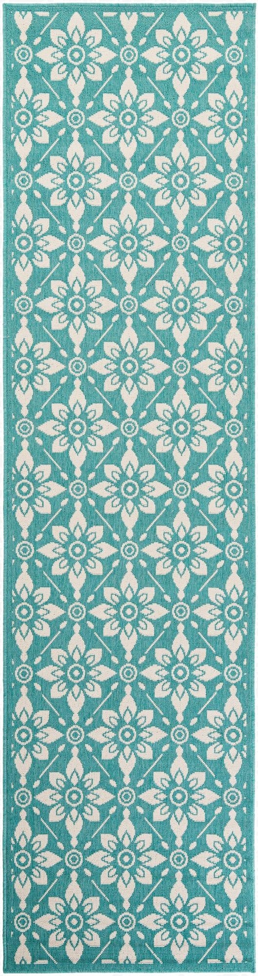 A 10 ft runner rug featuring a repeating modern floral pattern in teal blue and cream, suitable for a hallway or patio.