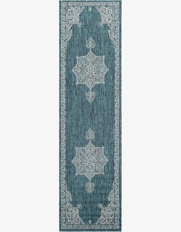 Teal Easy-Clean Traditional Indoor / Outdoor Runner Rug
