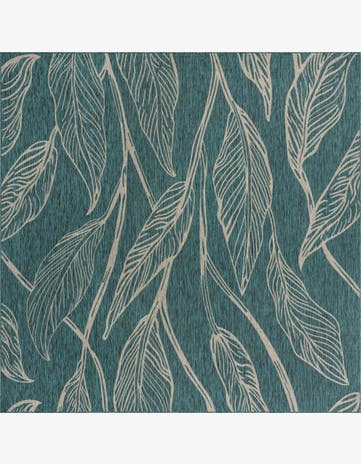 Teal Easy-Clean Botanical Indoor / Outdoor Square Rug