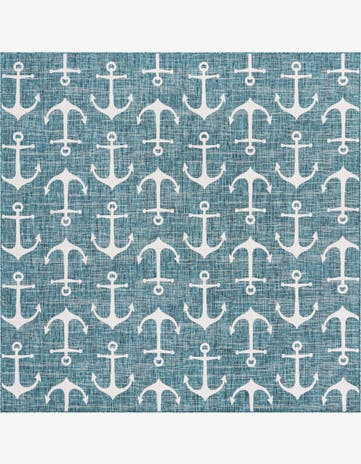 Teal Easy-Clean Coastal Indoor / Outdoor Square Rug