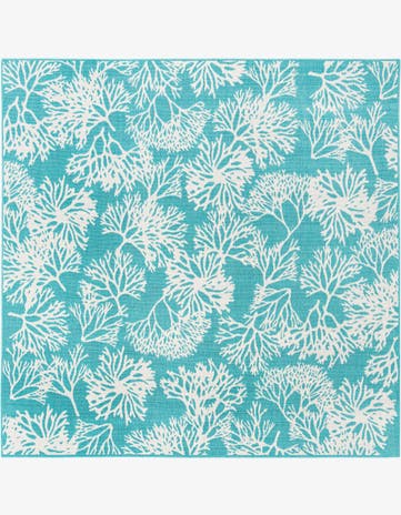 Teal Easy-Clean Coastal Indoor / Outdoor Square Rug