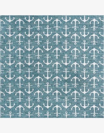 Teal Easy-Clean Coastal Indoor / Outdoor Square Rug