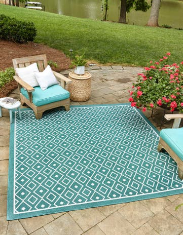 Teal Easy-Clean Lattice Indoor / Outdoor Square Rug