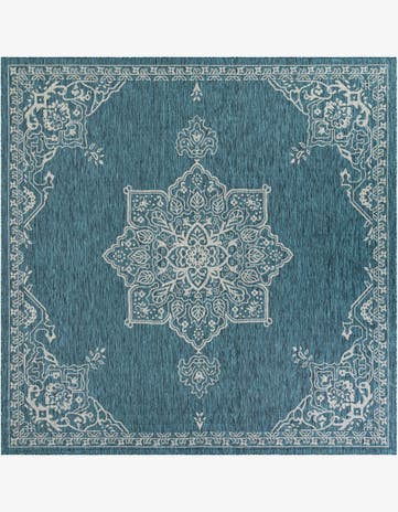 Teal Easy-Clean Traditional Indoor / Outdoor Square Rug