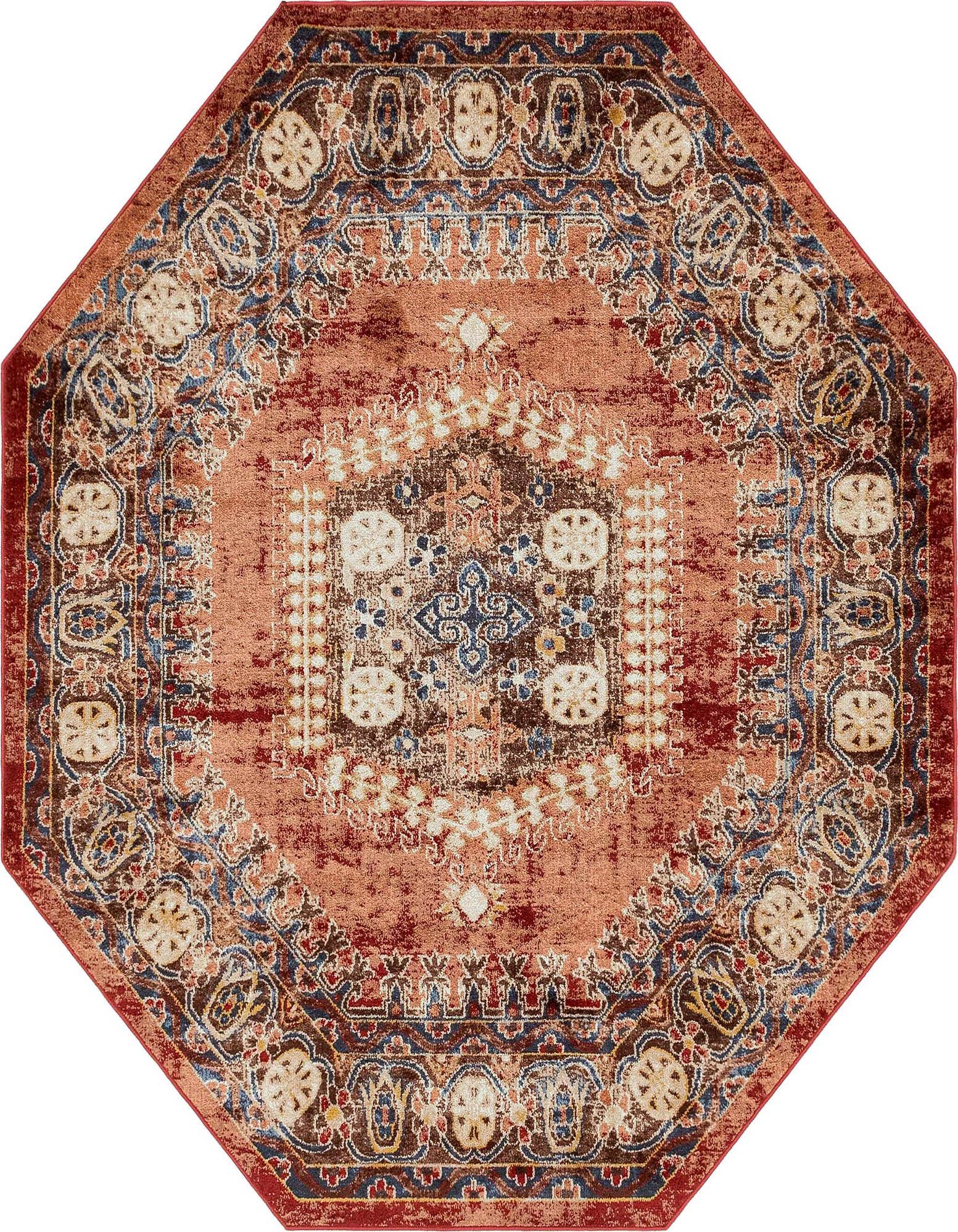 7'0" x 7'0" octagon rug with a distressed bohemian medallion pattern in shades of orange, red, blue, and cream.