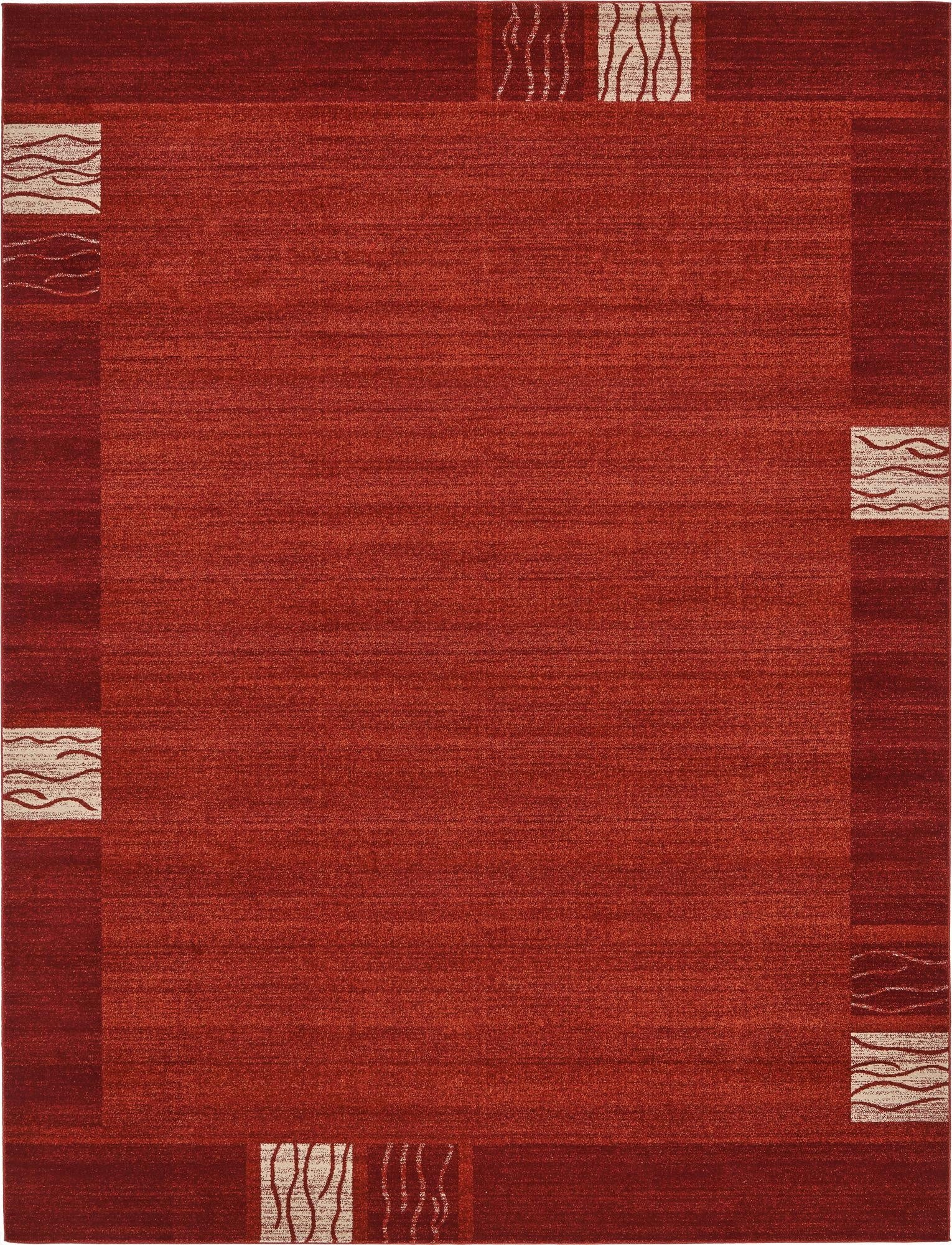 A 10x13 rectangular orange and red contemporary area rug with a subtle border and wavy accents.