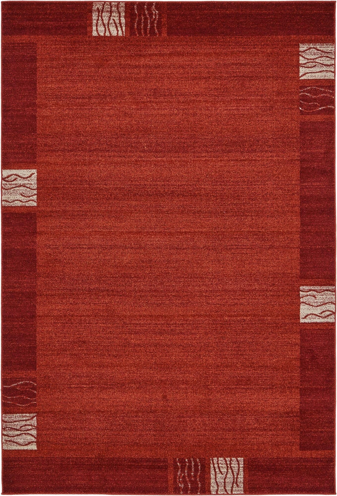 A 6x9 rectangular Angelica rug in shades of orange and red, featuring a contemporary border with abstract wave patterns.