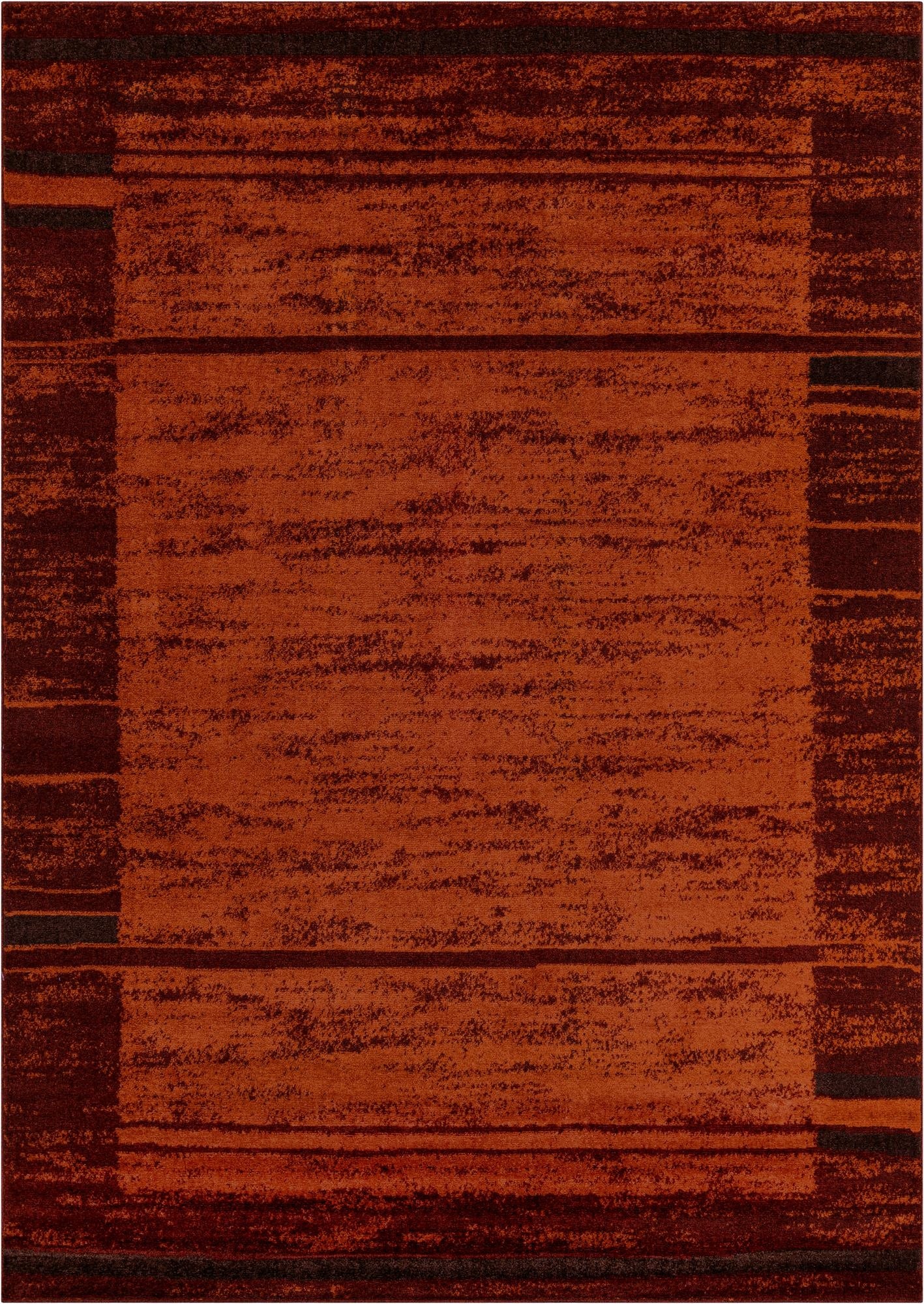 An 8x11 rectangular modern rug in shades of orange and red with a distressed stripe pattern, suitable for a living room.
