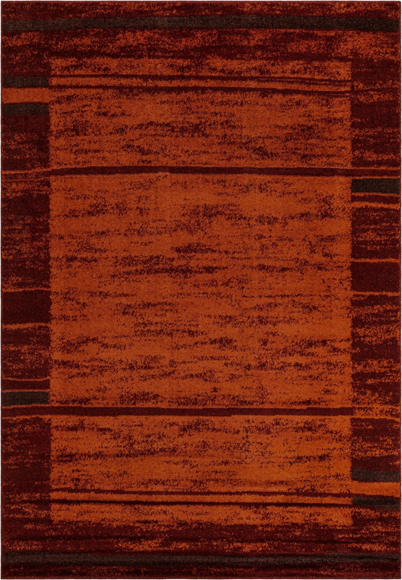 A 7x10 rectangular modern rug featuring a distressed stripe pattern in shades of orange and red.
