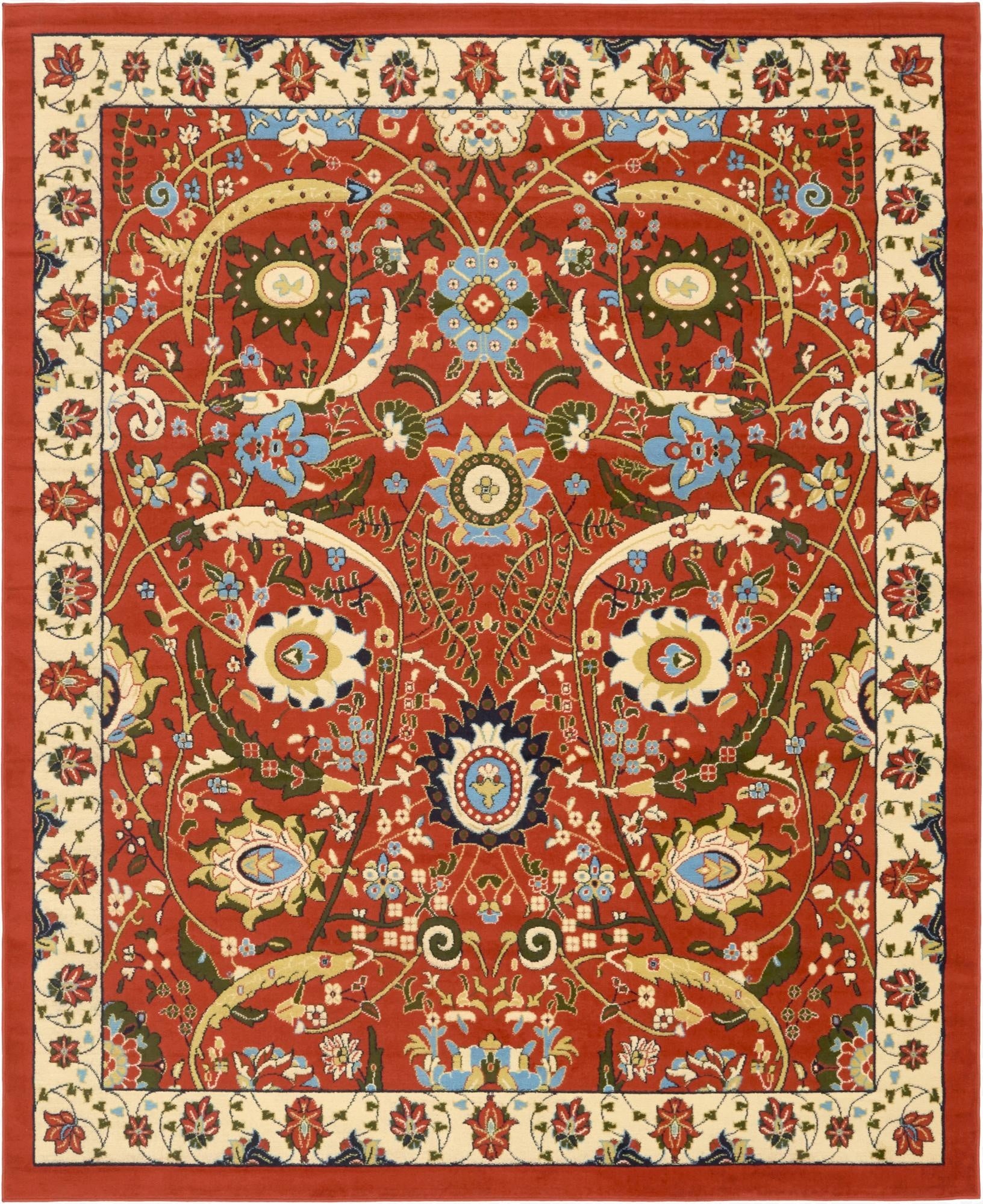 An 8x10 rectangular Neda rug in traditional orange and red, featuring an intricate botanical and floral pattern with cream borders.
