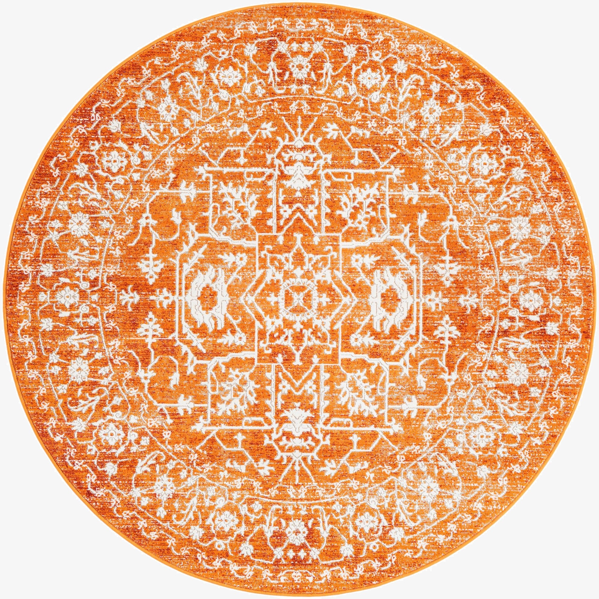 A vibrant 5' 3 round orange and white medallion rug with a distressed botanical pattern, suitable for indoor spaces.