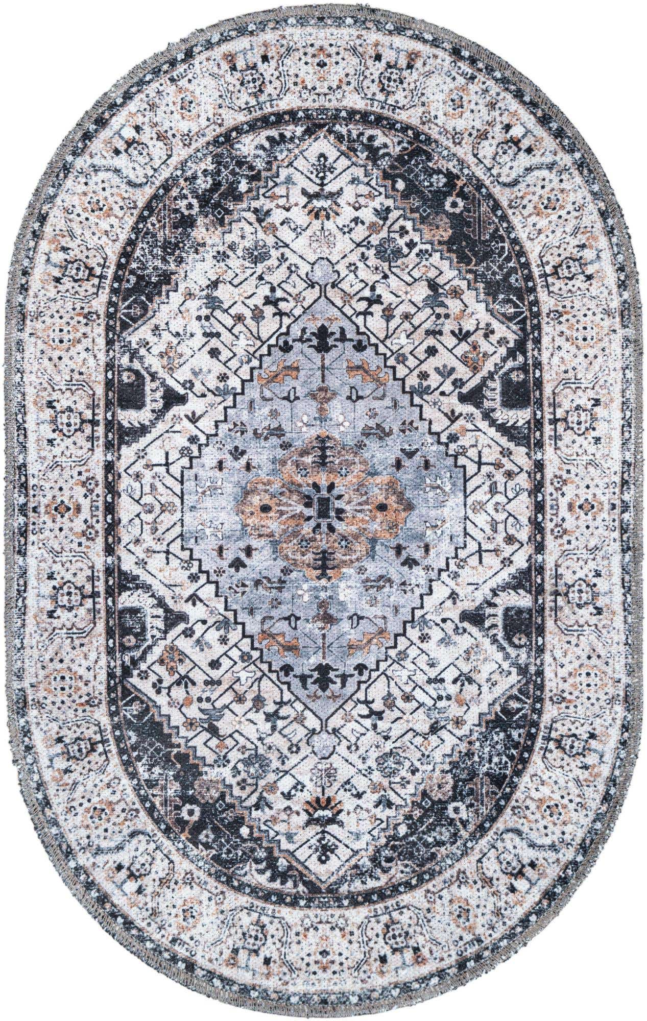 2' x 3' 1 Trillium · Medallion rug, charcoal and light blue