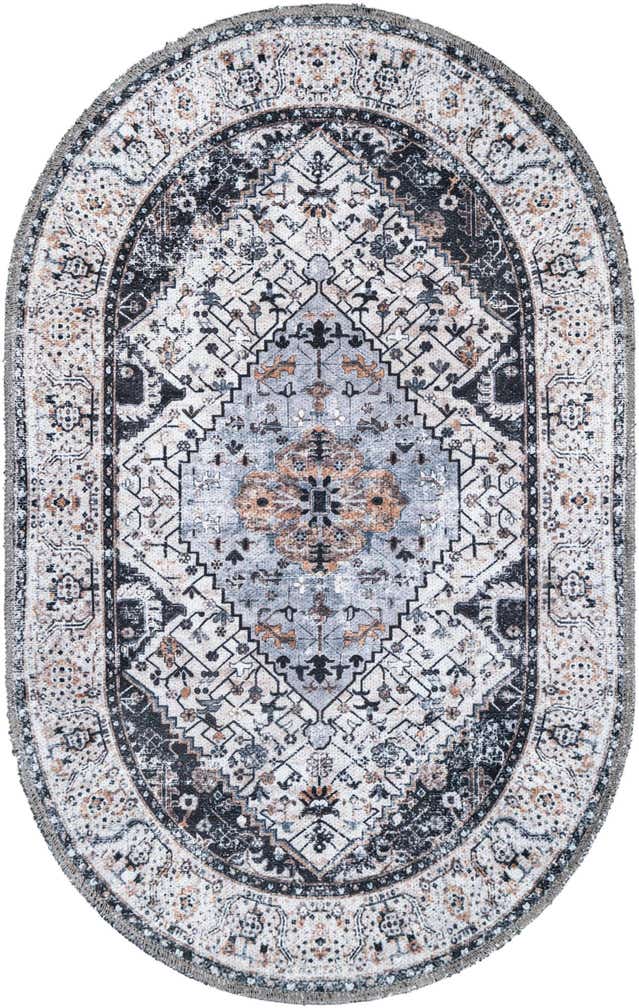 2' x 3' 1 Trillium · Medallion rug, charcoal and light blue