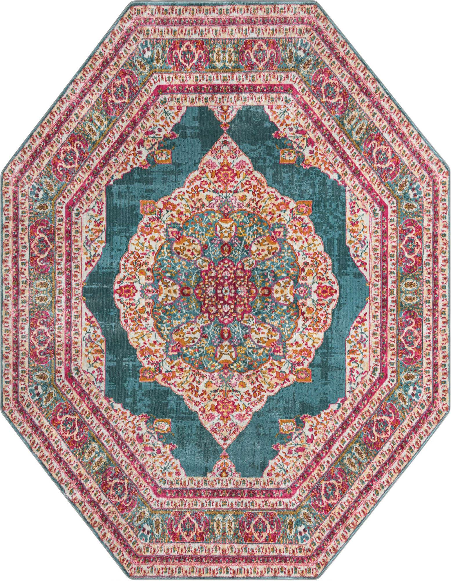 An 8' 0 x 8' 0 octagon rug with a distressed blue background and a vibrant medallion pattern in pink, orange, and cream.