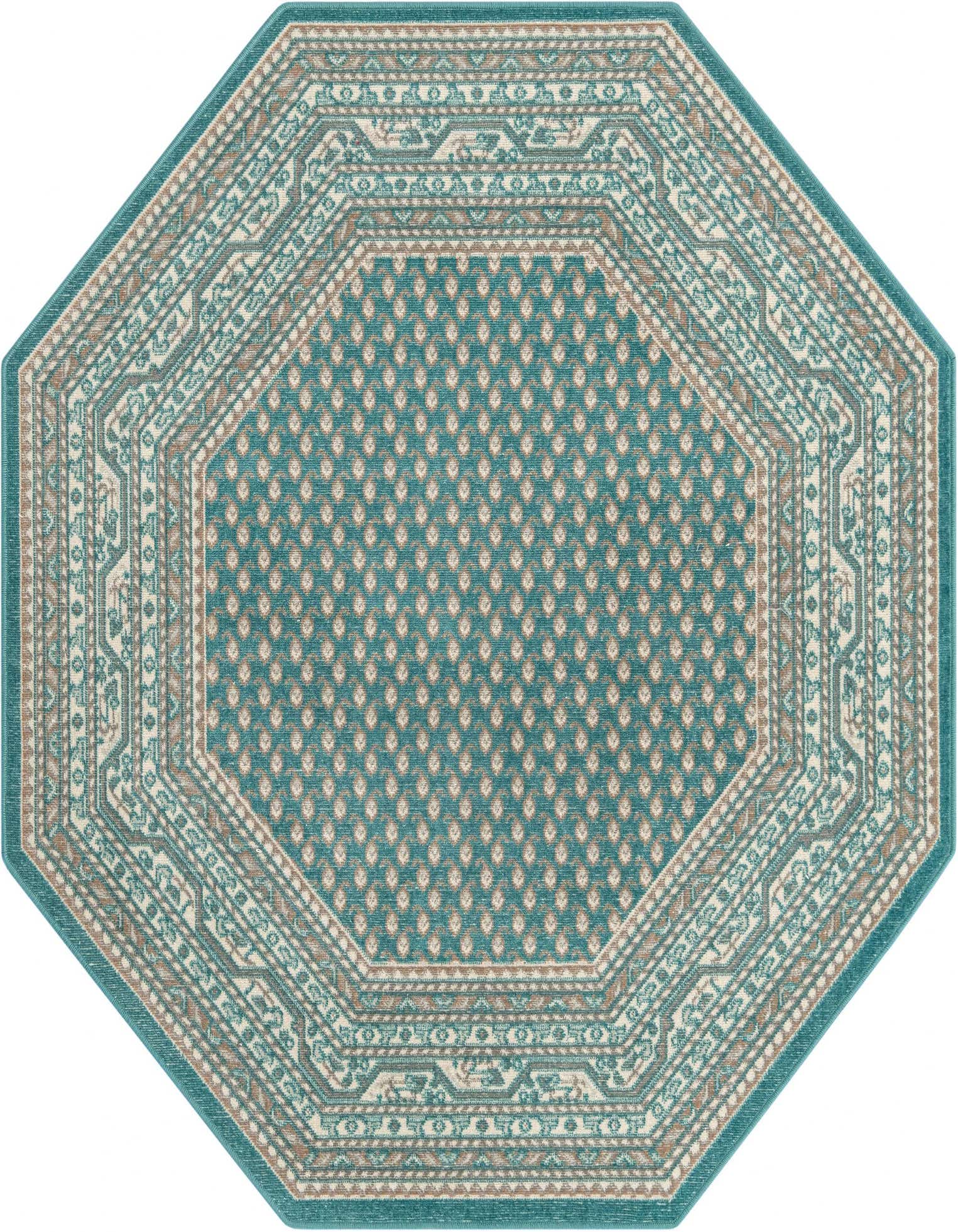 An octagon-shaped SoHo Collection rug from Rugs.com, featuring a teal center with small beige motifs and a multi-layered border in blue, beige, and cream Southwestern patterns.