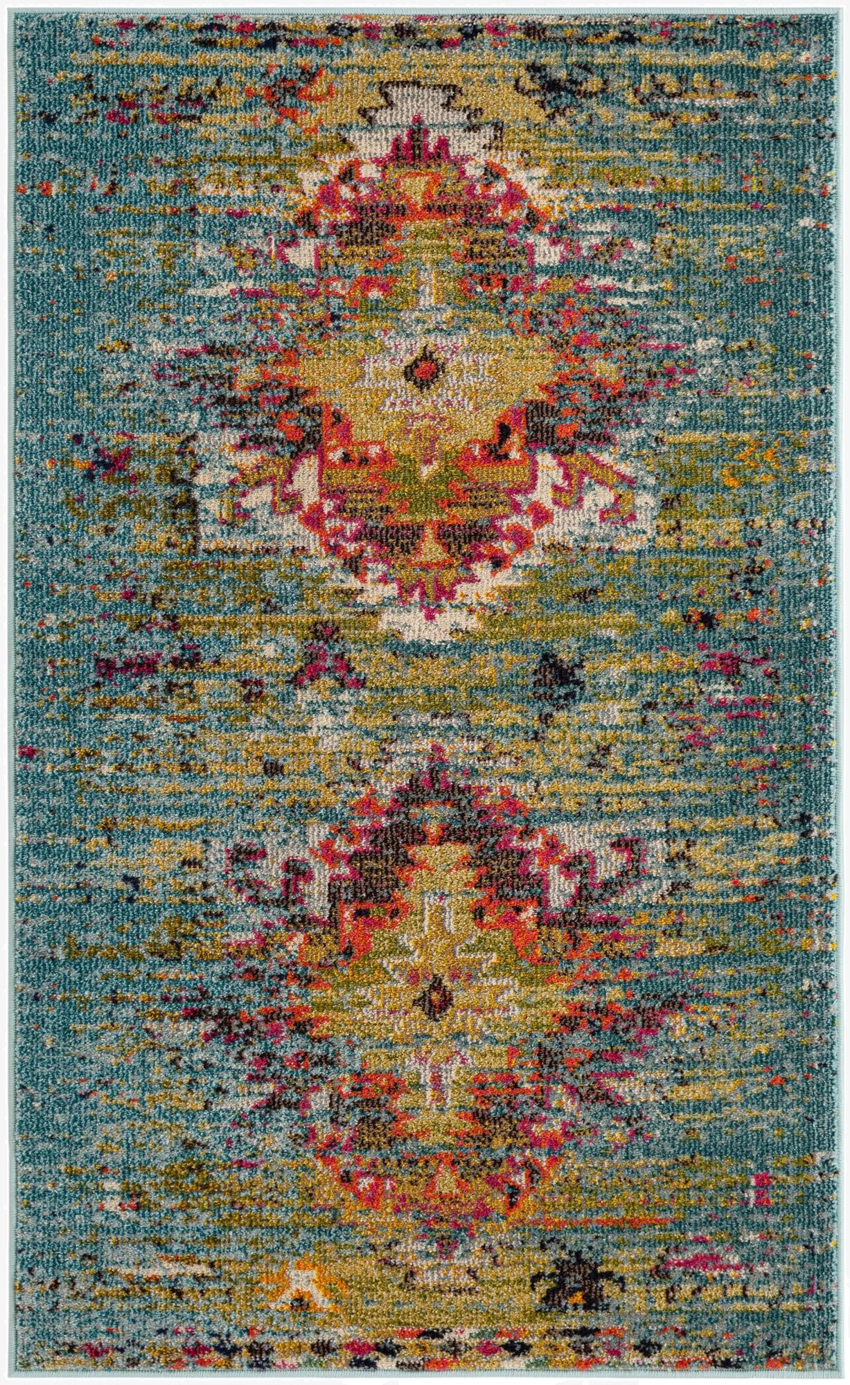 A 3x5 rectangular blue Bohemian rug with a distressed medallion pattern in vibrant orange, yellow, and pink, suitable for a kitchen or entryway.