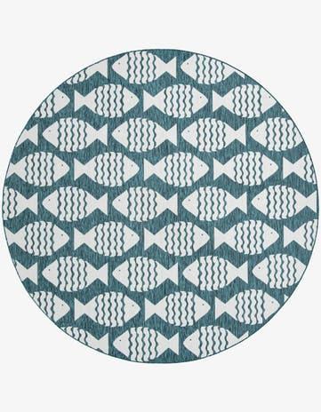 Turquoise Easy-Clean Coastal Indoor / Outdoor Round Rug