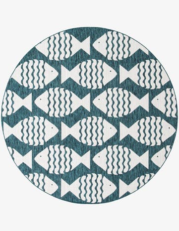 Turquoise Easy-Clean Coastal Indoor / Outdoor Round Rug
