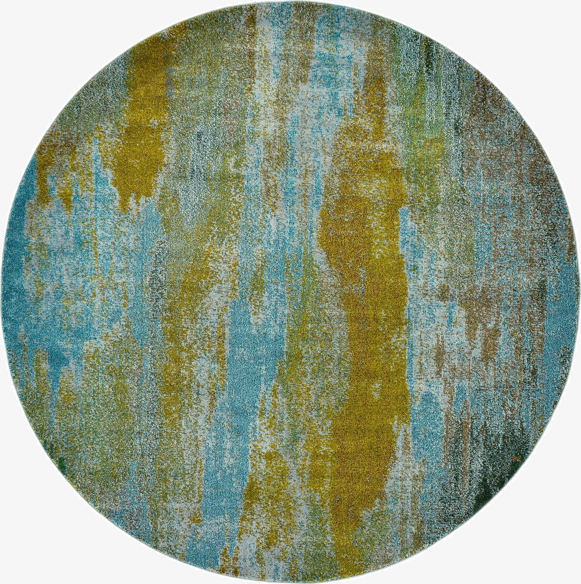 A round 8' blue and gold modern abstract rug with a medium pile, suitable for indoor spaces.