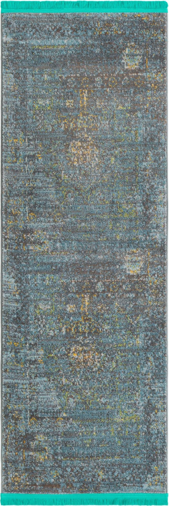 A 6 ft runner rug with a distressed traditional pattern in shades of blue, grey, and hints of yellow, with turquoise fringe.