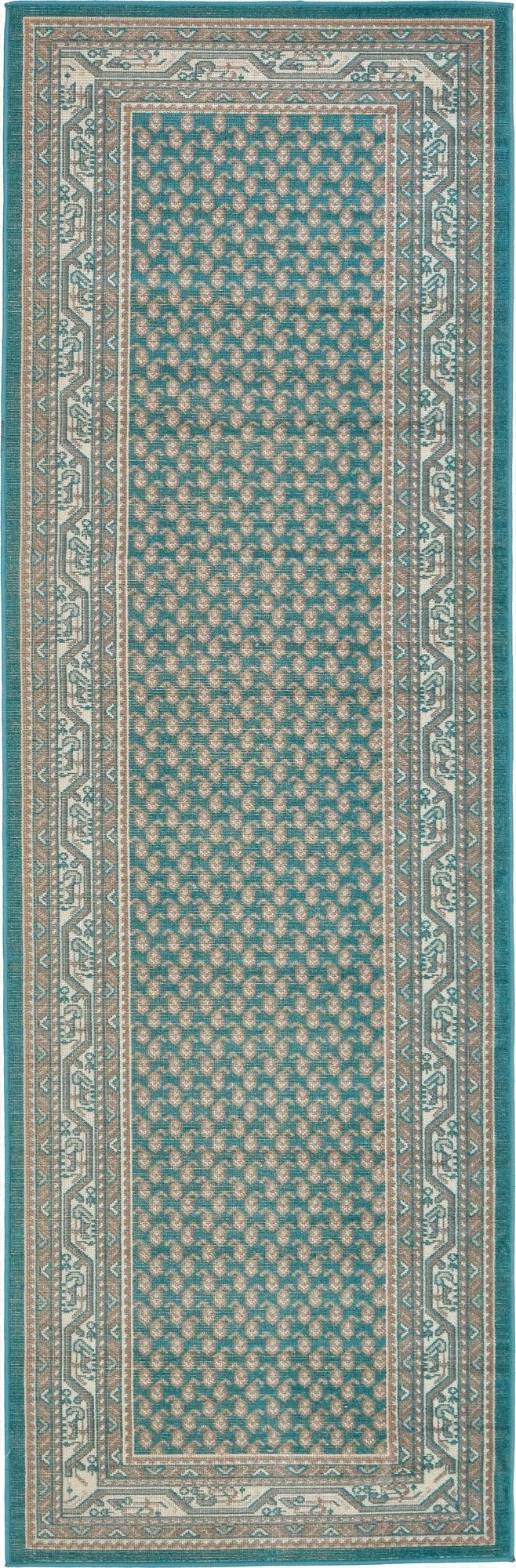 A 6 ft runner rug in teal blue with a repeating beige paisley pattern and a detailed Southwestern border.