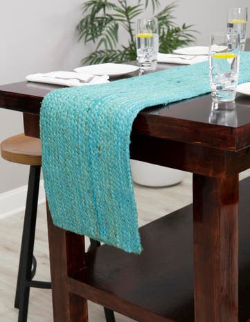 Turquoise Handmade Braided Jute Table Runner Rug