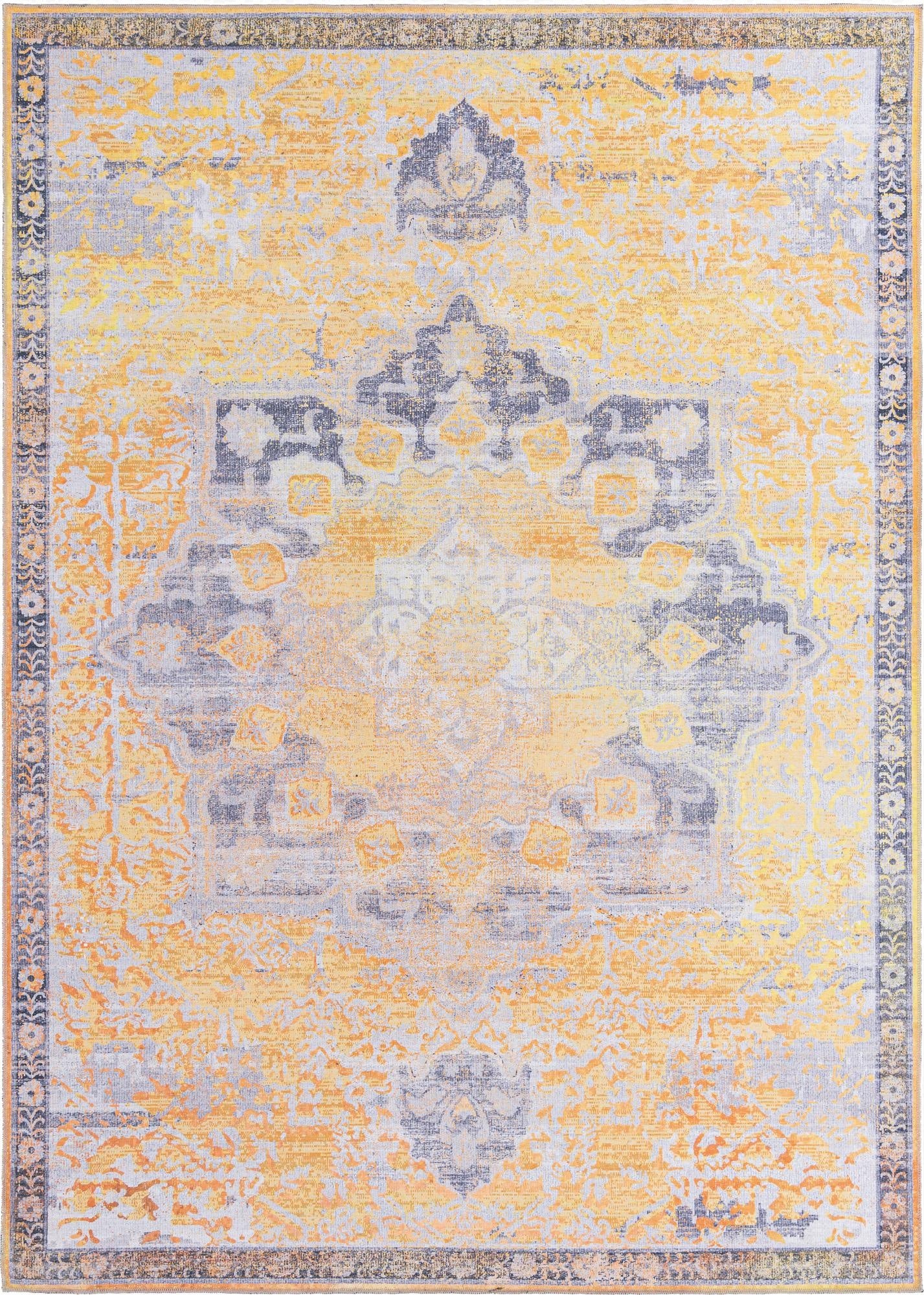 A rectangular 8x11 Francesca collection rug in distressed yellow and gold with a traditional medallion pattern.