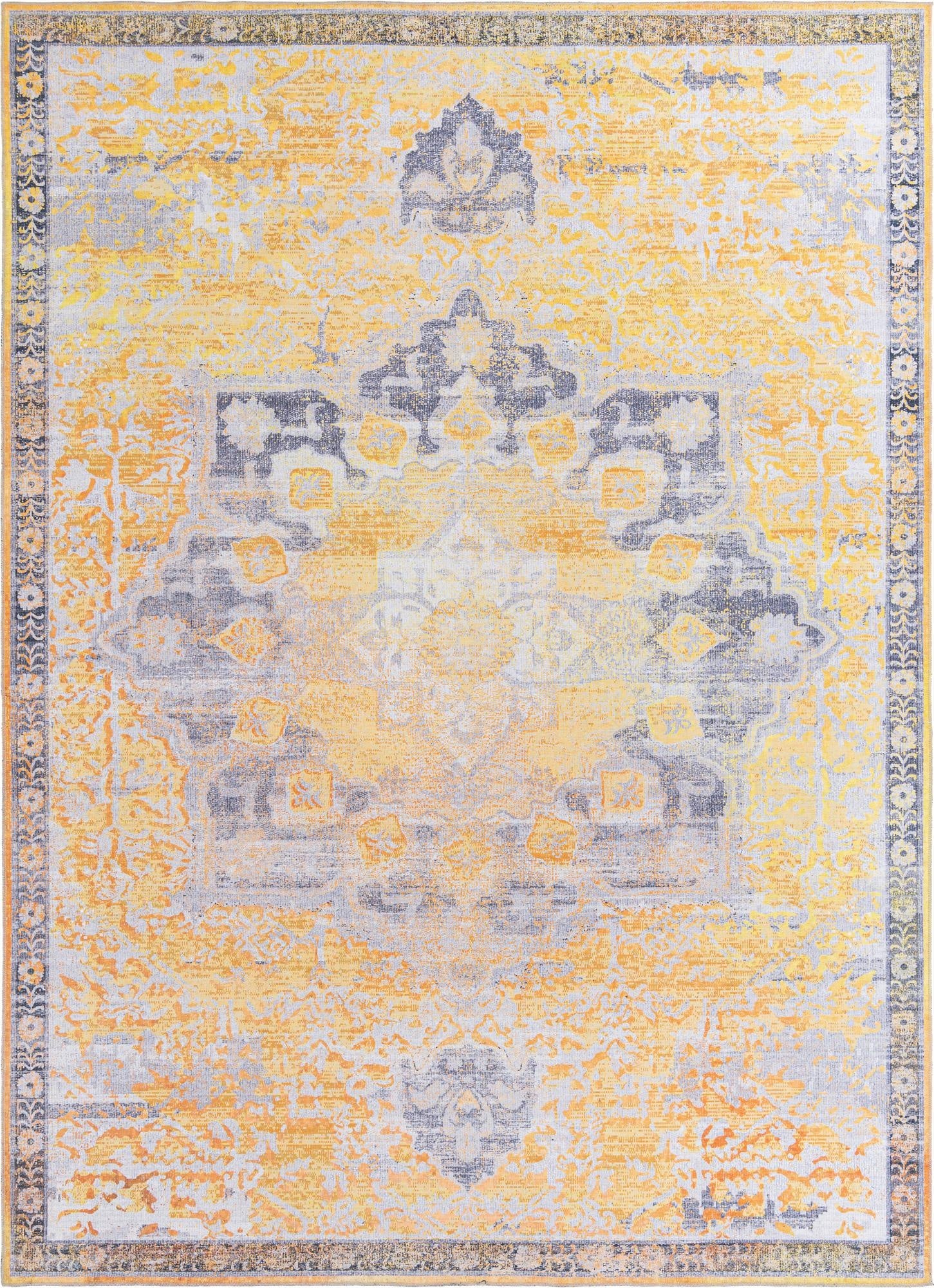 A 10x14 rectangular Francesca rug in yellow and gold with a distressed traditional medallion pattern and border.
