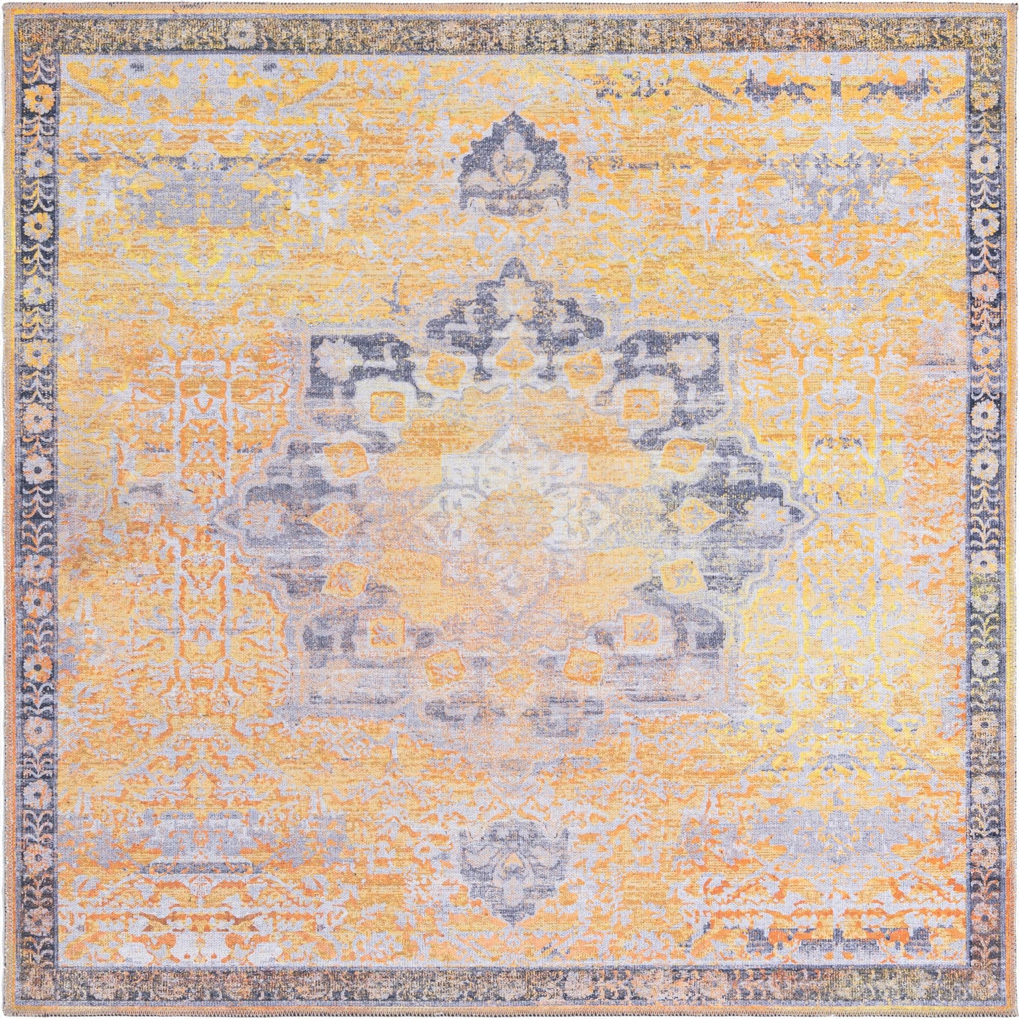 A 5' 3 x 5' 3 square yellow and gray traditional medallion rug with a vintage, distressed look.