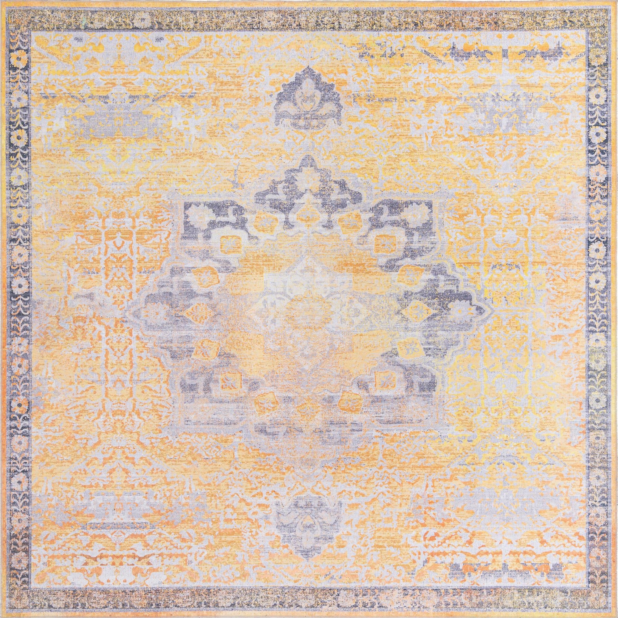 A 10' 6 x 10' 6 square yellow and gray traditional medallion rug with a vintage distressed look.