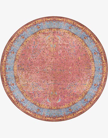 Vintage Salmon Coral Easy-Clean Traditional Indoor / Outdoor Round Rug