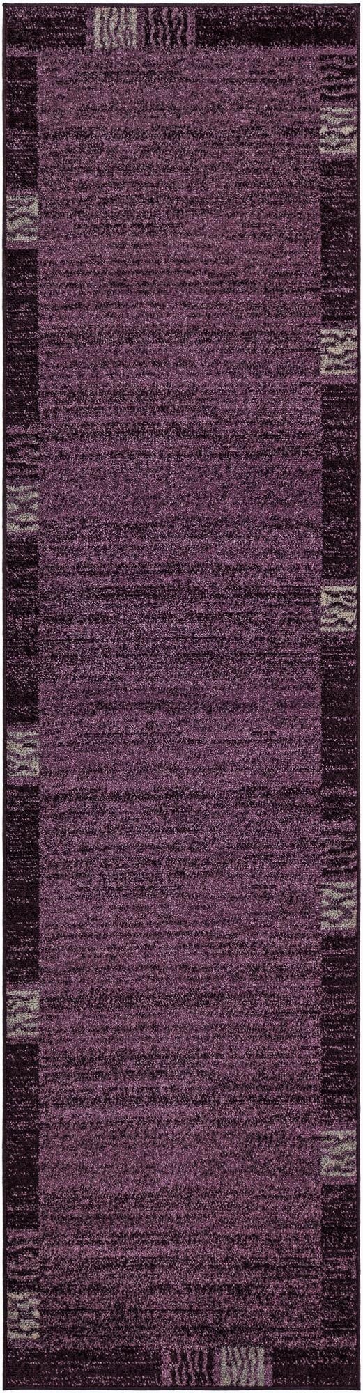 A 10 ft runner rug in shades of purple with a textured, contemporary design and subtle border, ideal for a hallway.