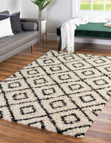 White and Black Trellis Shag Rug