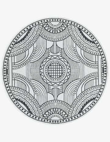White and Black Easy-Clean Traditional Indoor / Outdoor Round Rug